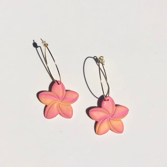 Plumeria Hoops - Coral w/ Lined Yellow & Pink